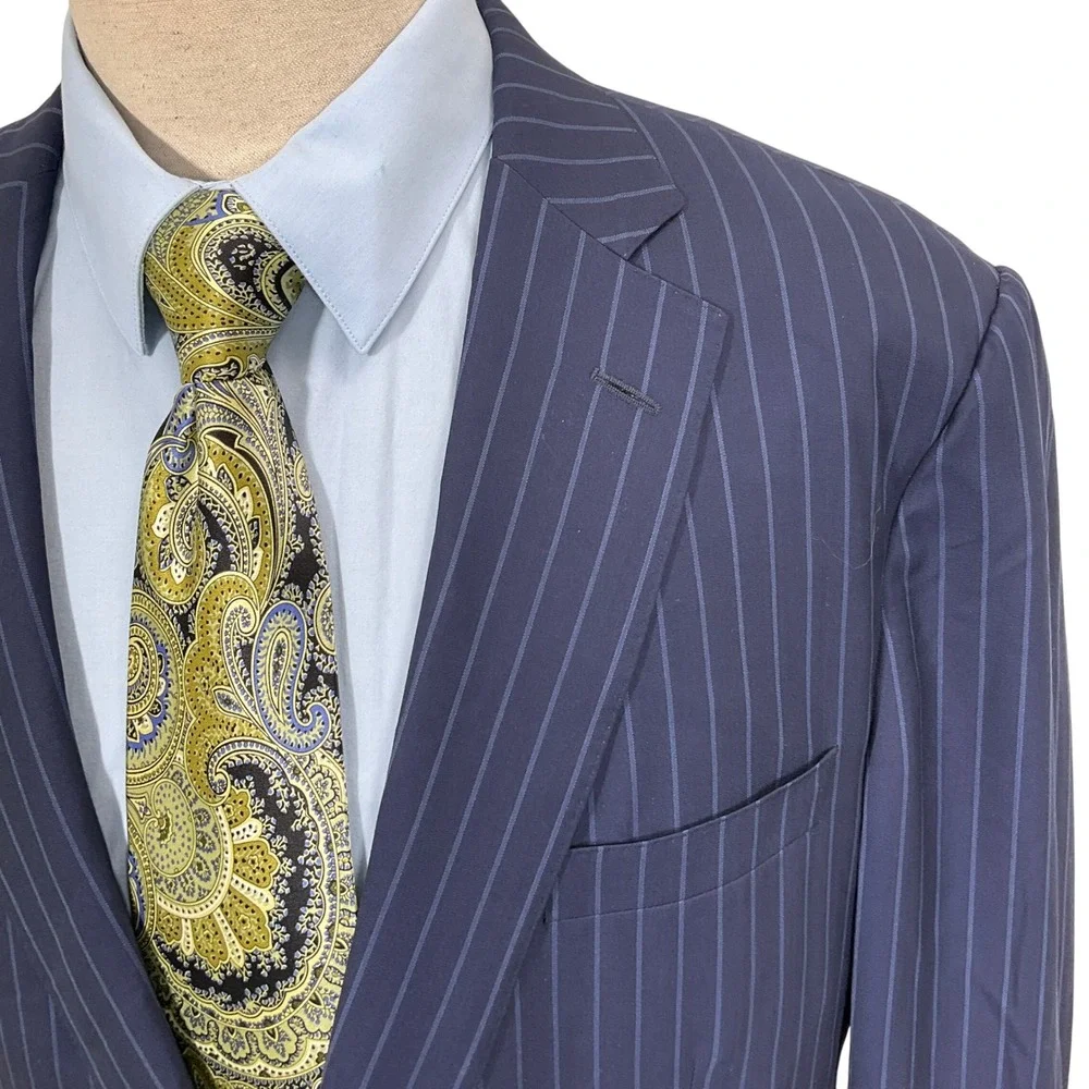Paul Stuart Blazer Mens 44L Navy Blue Pinstripe Luxury‎ Wool Silk Jacket